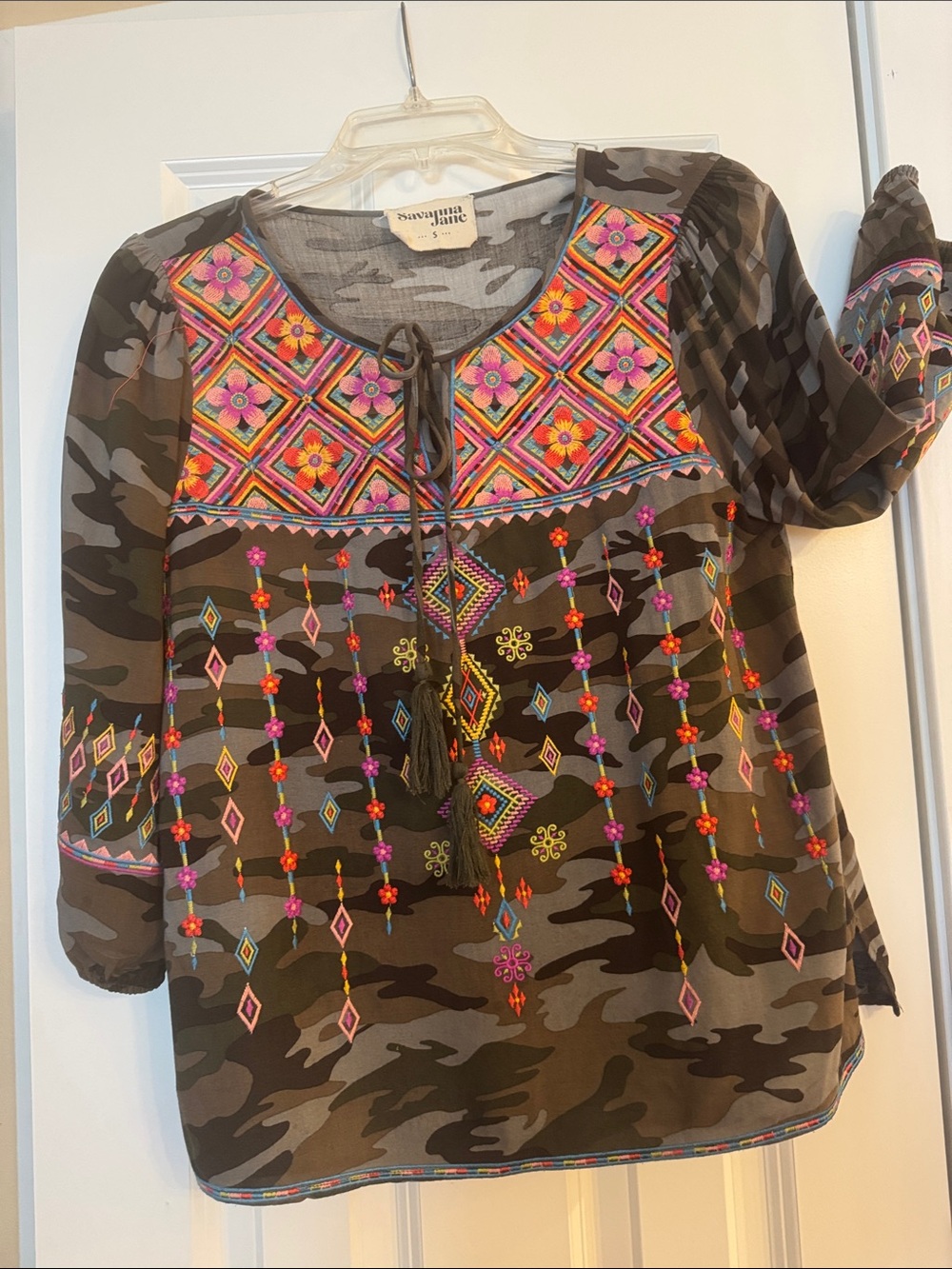 Savanna Jane Olive Camo Embroidered Tassel Peasant Blouse
